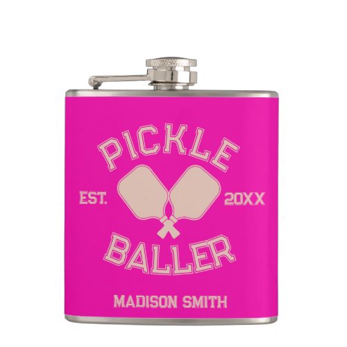 Pickle Baller Pickleball Collegiate Typography Flask