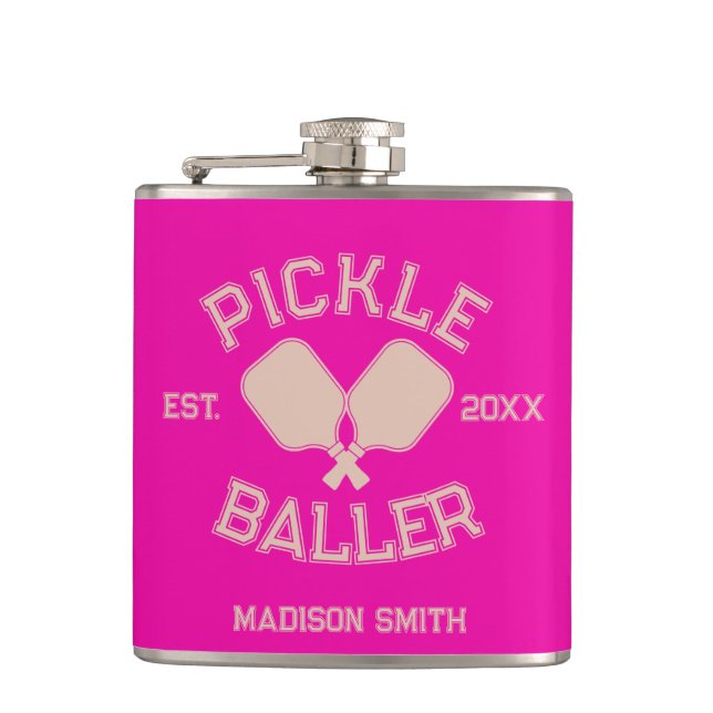Pickle Baller Pickleball Collegiate Typography Flask (Front)
