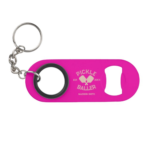 Pickle Baller Pickleball Collegiate Typography Keychain Bottle Opener (Front (Horizontal))