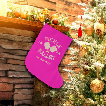 Pickle Baller Pickleball Collegiate Typography Large Christmas Stocking by freshpaperie at Zazzle