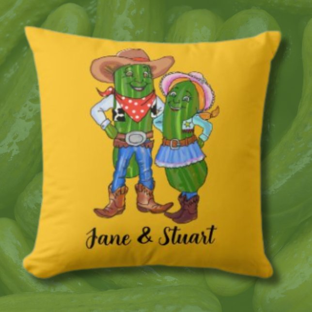 Pickle Cowboy, Gherkin Cowgirl, Dill Cucumber West Throw Pillow (Creator Uploaded)