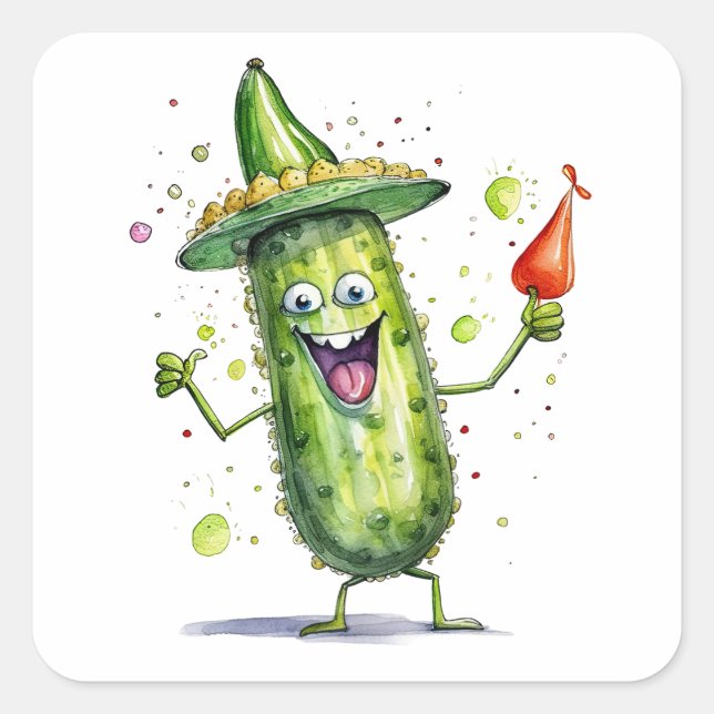 Pickle Cucumbers wearing Birthday Hats Square Sticker (Front)