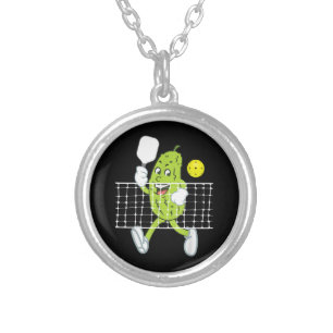 Pickle Playing Pickleball - Funny Pickleball Paddl Silver Plated Necklace