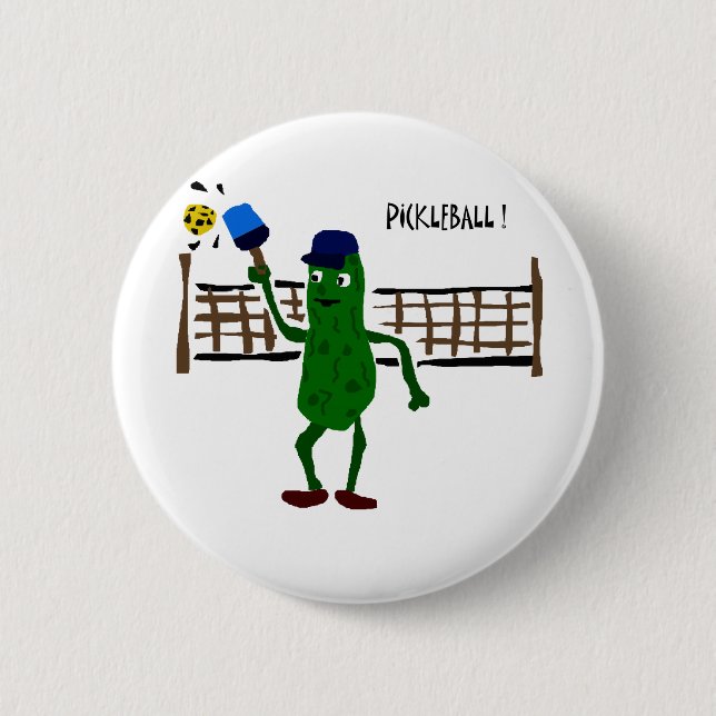 Pickle Playing Pickleball Primitive Art Pinback Button (Front)