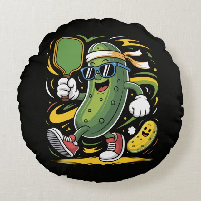 Pickle Playing Pickleball Round Pillow (Front)
