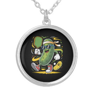 Pickle Playing Pickleball Silver Plated Necklace
