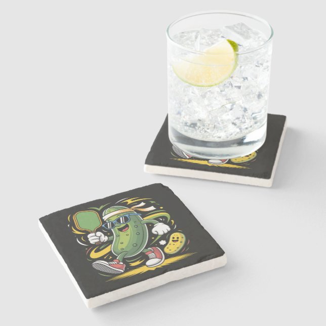 Pickle Playing Pickleball Stone Coaster (Side)