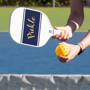 PICKLE Wide Navy Blue White Stripes Cute Script Carbon Fiber Pickleball Paddle
