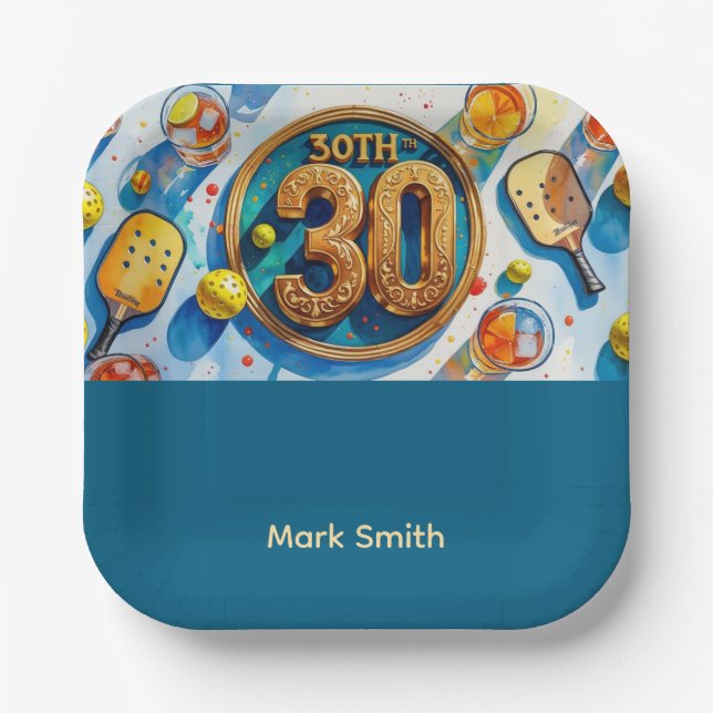 Pickleball 30th birthday party paper plates (Front)