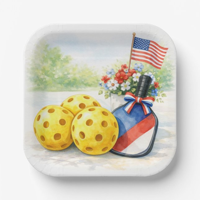 Pickleball 4th July Party Independence Day  Paper Plates (Front)