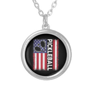 Pickleball American Flag Funny Pickleball Lover Vi Silver Plated Necklace