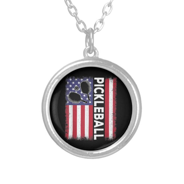 Pickleball American Flag Funny Pickleball Lover Vi Silver Plated Necklace (Front)