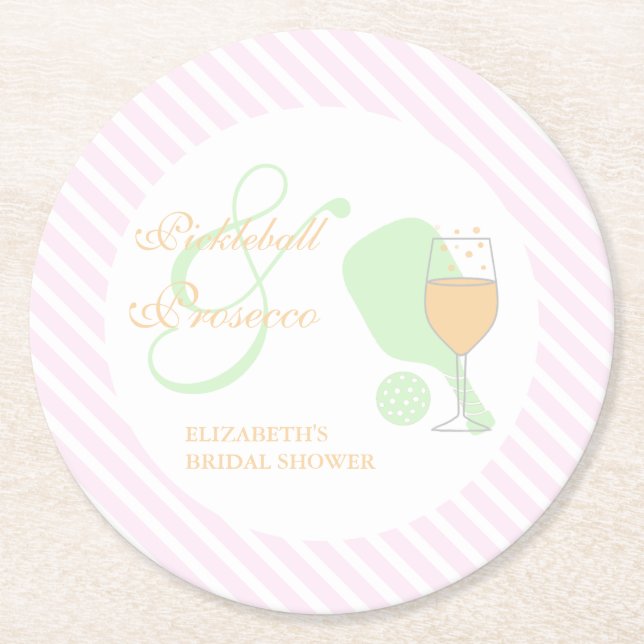 Pickleball and Prosecco Bridal Shower Round Paper Coaster (Front)