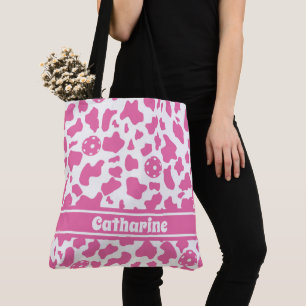 🍓🐄 Pickleball and strawberry cow print with name Tote Bag