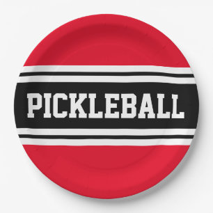 PICKLEBALL Athletic Bright Red Black White Stripes Paper Plates