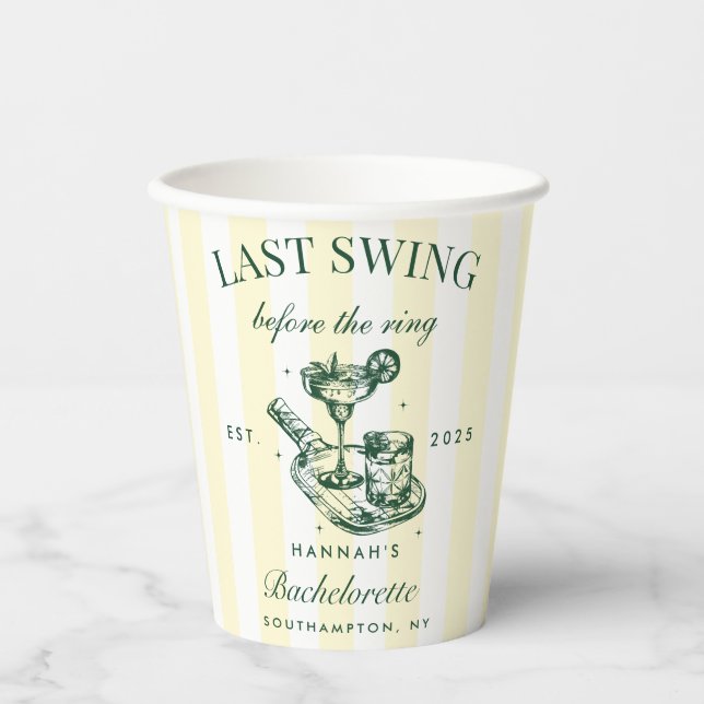 Pickleball Bach Cocktail Green & Yellow Stripes Paper Cups (Front)