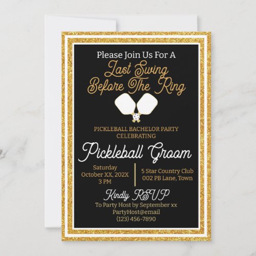 Pickleball Bachelor Party Black and Gold Glitter Invitation