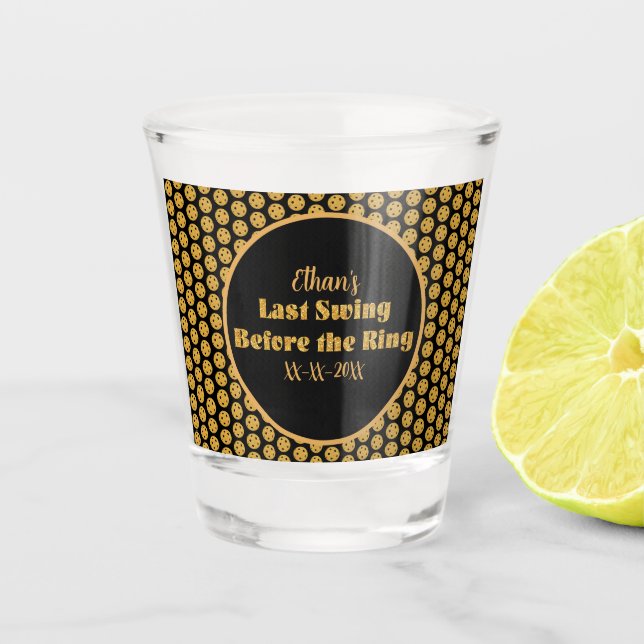 Pickleball Bachelor Party Black Gold Personalized Shot Glass (Front)