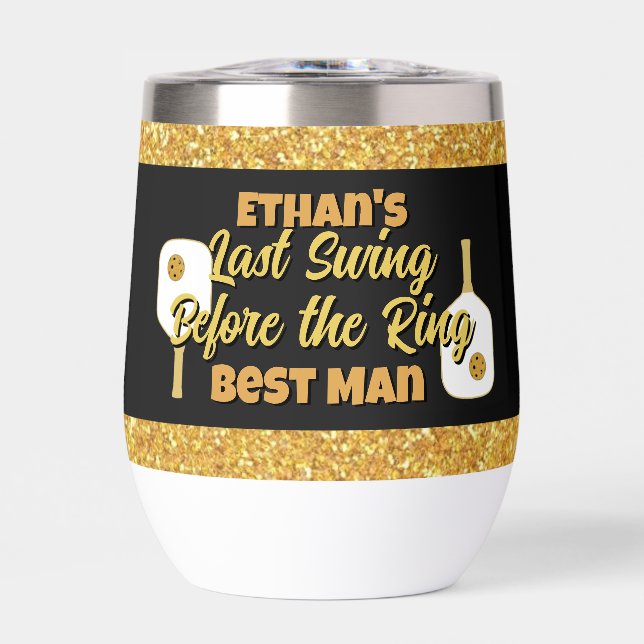 Pickleball Bachelor Party Black Gold Personalized Thermal Wine Tumbler (Front)