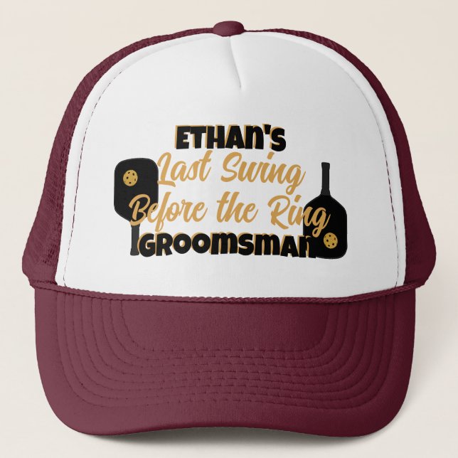 Pickleball Bachelor Party Black Gold Personalized Trucker Hat (Front)