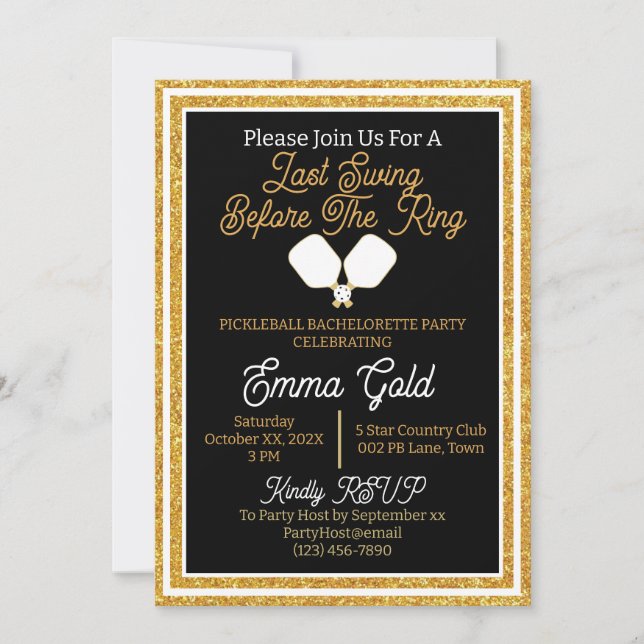 Pickleball Bachelorette Party Black & Gold Glitter Invitation (Front)