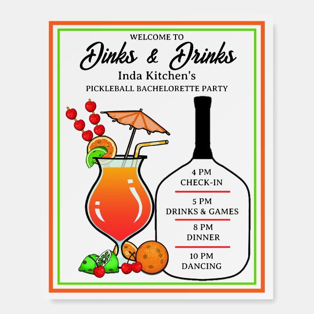 Pickleball Bachelorette Tropical Dinks & Drinks Foam Board (Front)
