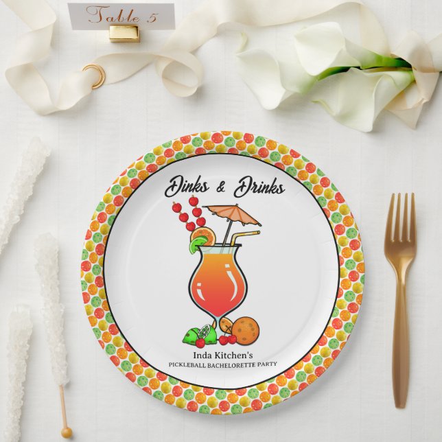 Pickleball Bachelorette Wedding Dinks & Drinks Paper Plates (Wedding)