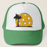 Pickleball Beach Sunset Trucker Hat<br><div class="desc">This fun item for the pickleball lover in your life is sure to delight.  With the pickle ball going down on the island beach with the palm trees.  You will make them smile as they dink to win in their next game or tournament.</div>