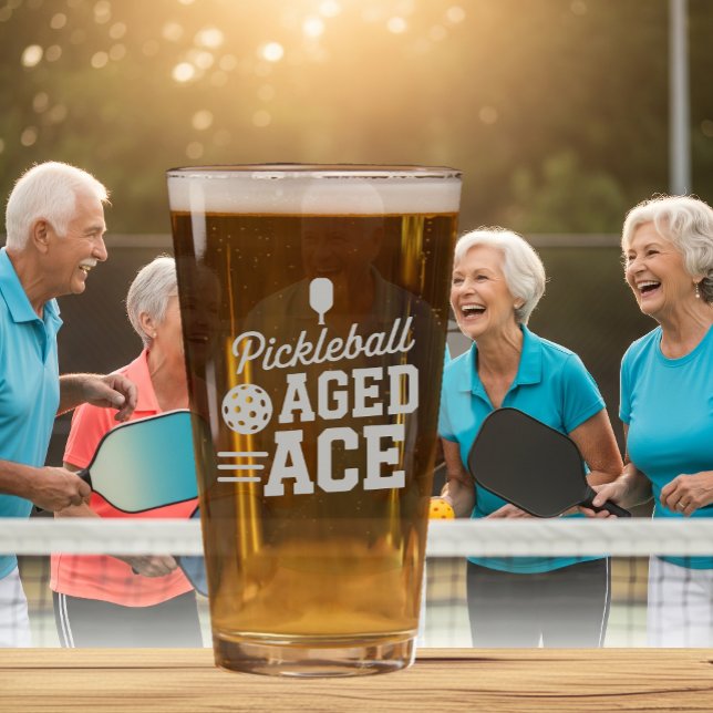 Pickleball Beer Glass Featuring Aged Ace Paddle  (PICKLEBALL ETCHED BEER GLASS)