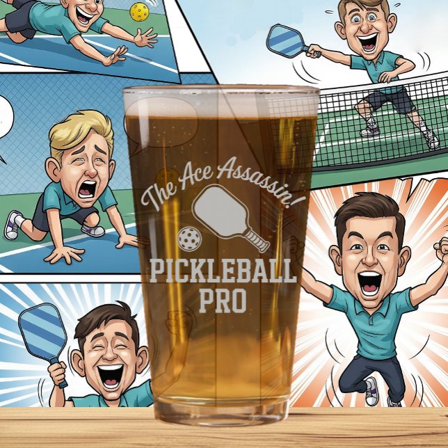 Pickleball Beer Glass The Ace Assassin Pickleball  (PICKLEBALL ETCHED BEER GLASS)