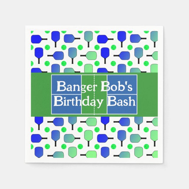 Pickleball Birthday Blue Green Paddle Ball Banging Napkins (Front)