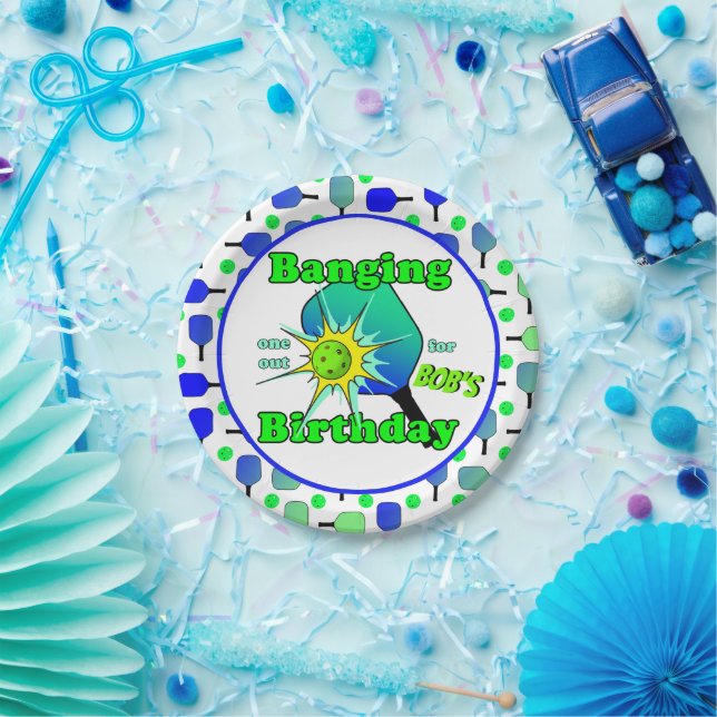 Pickleball Birthday Blue Green Paddle Ball Banging Paper Plates (Party)