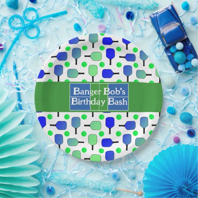 Pickleball Birthday Blue Green Paddle Ball Banging Paper Plates (Party)