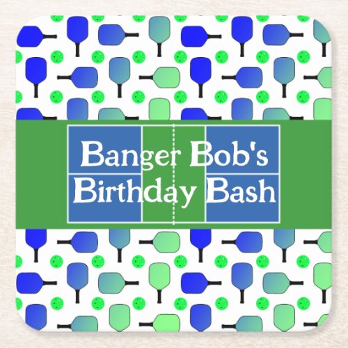 Pickleball Birthday Blue Green Paddle Ball Banging Square Paper Coaster