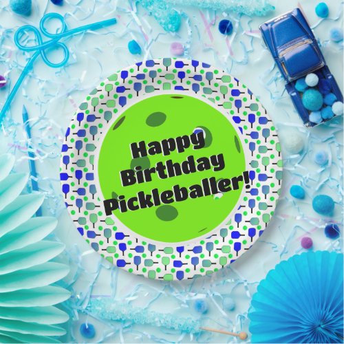 Pickleball Birthday Blue Green Personalized Happy Paper Plates