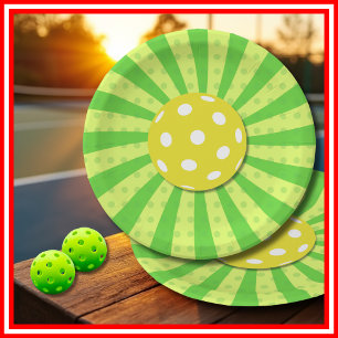 Pickleball Birthday Green RETRO Stripes Sports Paper Plates