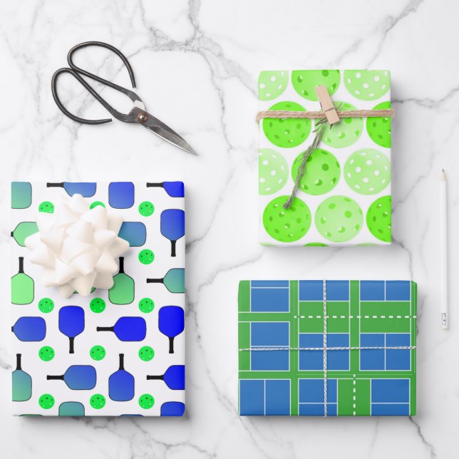 Pickleball Birthday Party Blue and Green Gift Wrapping Paper Sheets (Front)