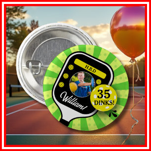 Pickleball Birthday Party RETRO Green Sports PHOTO Button