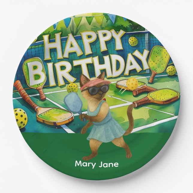 Pickleball Birthday Party themed for cat lovers Paper Plates (Front)