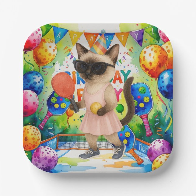 Pickleball Birthday Party themed for cat lovers Paper Plates (Front)