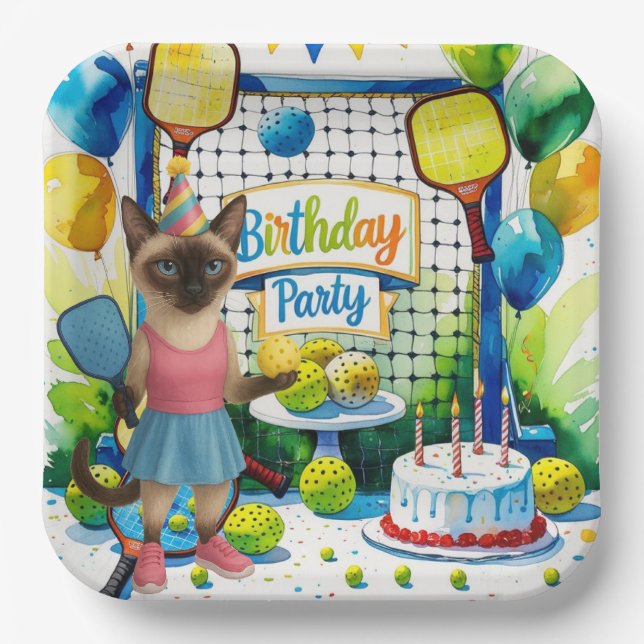 Pickleball Birthday Party themed for cat lovers Paper Plates (Front)