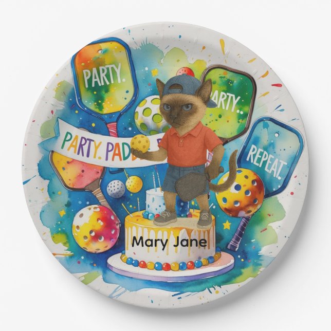 Pickleball Birthday Party themed for cat lovers Paper Plates (Front)