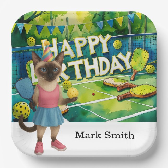 Pickleball Birthday Party themed for cat lovers Paper Plates (Front)