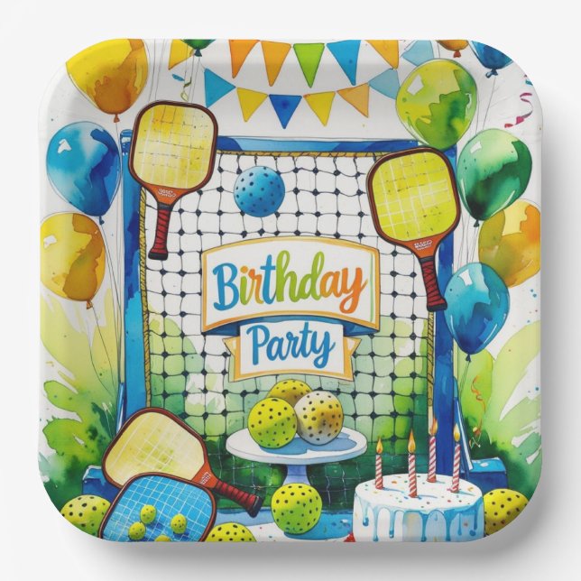 Pickleball Birthday Party themed Paper Plates (Front)