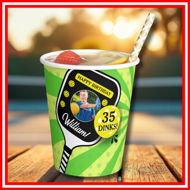 Pickleball Birthday RETRO Green Sports PHOTO Paper Cups (Pickleball Birthday RETRO Green Sports PHOTO Paper Cups)