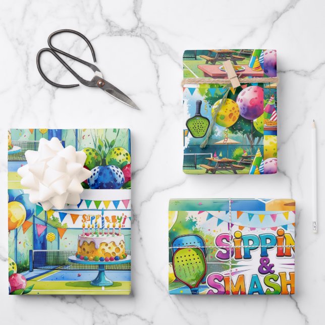 Pickleball Birthday themed Wrapping Paper Sheets (Front)