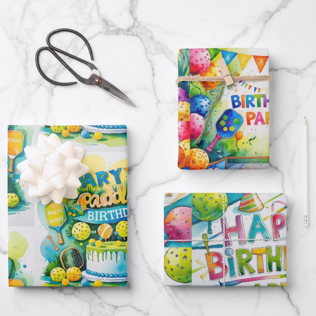 Pickleball Birthday themed Wrapping Paper Sheets (Front)