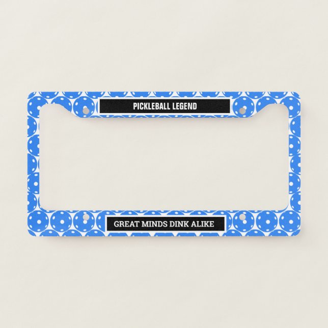 Pickleball blue on white with custom text license plate frame (Front)