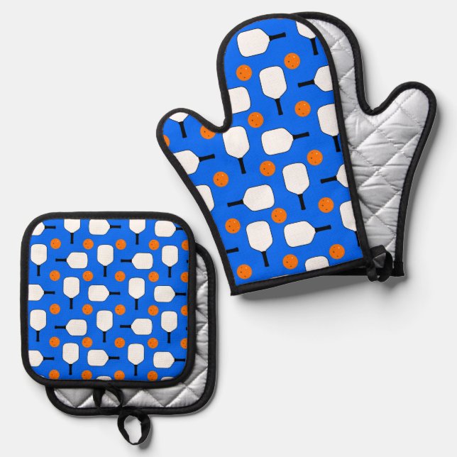 Pickleball Blue, Orange Balls with White Paddles Oven Mitt & Pot Holder Set (Front/Back)