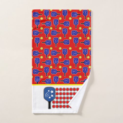 Pickleball Blue Paddles Yellow Balls 4th of July Hand Towel